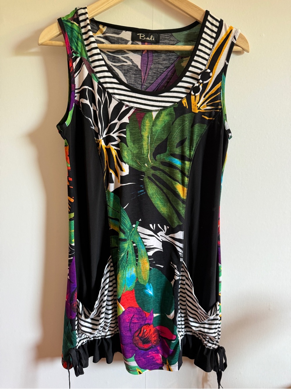 Bali Tropical Tunic Top Art Print Sleeveless Boho Resort S/M
